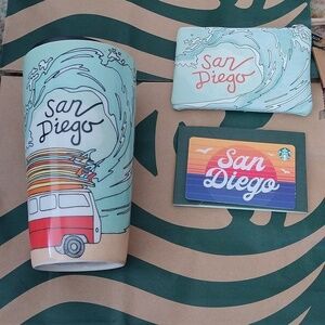 Starbucks San Diego Porcelain Travel Mug+ Zippered Wave Pouch + Blank Gift Card